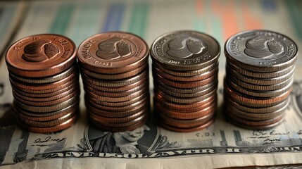 Aufkleber - Stacks of coins growing steadily with financial graphs in the background, symbolizing growing savings, investment returns, and financial success