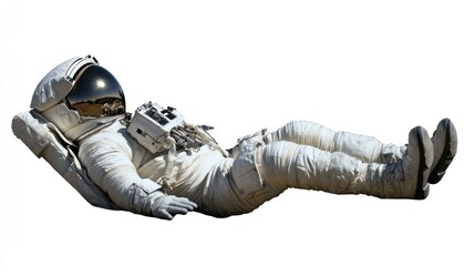 Poster - An astronaut in a space suit reclining on a surface, showcasing space exploration gear.