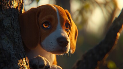 Poster - A close-up of a beagle puppy with expressive eyes, nestled against a tree in soft light.