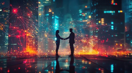 Poster - Two professionals shaking hands in front of glowing digital connections and a financial district backdrop, symbolizing successful business partnerships in the digital era
