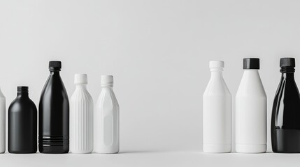 Poster - Various black and white plastic bottles of different sizes and shapes, isolated on a white background, ideal for advertising or product presentation with space for text