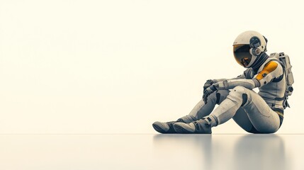 Fototapete - A solitary astronaut sits on a smooth surface, reflecting a sense of isolation in space.