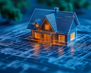 Poster - detailed blueprint of house with illuminated sections showcasing design