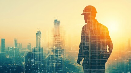 Wall Mural - a silhouette of a worker against a city skyline at sunset, symbolizing industry and progress.