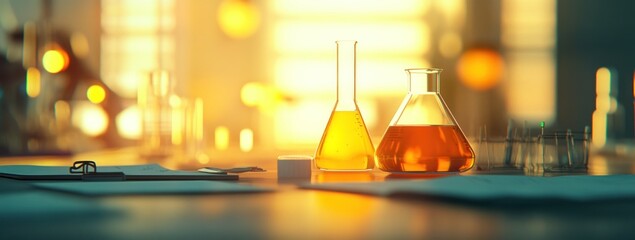 Leinwandbilder - Laboratory setup with glassware containing liquids, suggesting scientific experimentation.