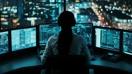 Aufkleber - In a high-rise office at night, a woman is focused on her work surrounded by multiple computer screens displaying data and code.