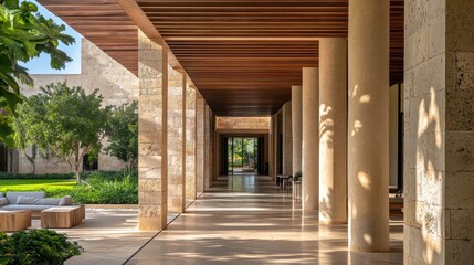 Poster - A modern architectural corridor with columns and natural light, leading to a green space.