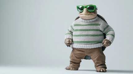 Poster - A stylish turtle wearing sunglasses and a striped sweater poses confidently.