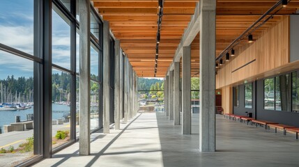 Poster - A modern building with large windows overlooking a marina and natural scenery.