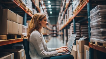 Aufkleber - A woman is seated at a laptop in a bustling warehouse, focused on her work with artificial intelligence. Surrounded by shelves filled with boxes, she is engaged in a professional task during daytime.