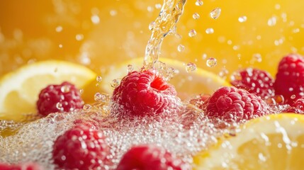 Poster - Fresh raspberries and lemon slices in sparkling water create a refreshing beverage scene.