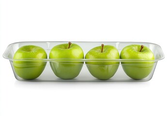 Poster - Four green apples arranged in a clear plastic container.