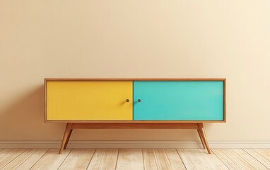 Wall Mural - A 3D rendering of a colorful retro wooden sideboard with turquoise and yellow cabinets, positioned against a beige wall. 