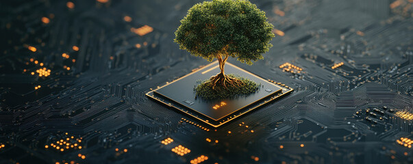 Aufkleber - A vibrant green tree growing from a glowing microchip on a digital circuit board, symbolizing the harmony between technology and nature
