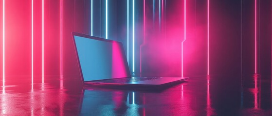 Poster - A laptop in a futuristic, neon-lit environment with a reflective surface.