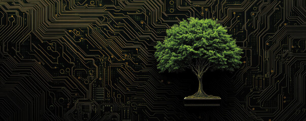 Aufkleber - A glowing tree with circuit-like branches emerging from a microchip, symbolizing the fusion of nature and technology in a digital age