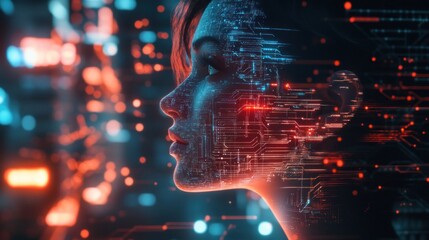 Poster - A digital representation of a woman's profile with circuitry and glowing elements.