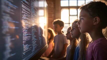 Poster - Diverse group of elementary school students learning programming code on computer