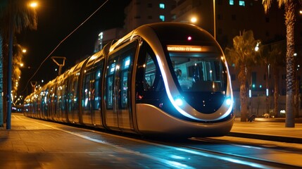 Poster - A modern tram illuminated at night, showcasing urban transport efficiency.