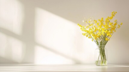 Poster - bright yellow flowers in a glass vase on a simple table illuminated by soft sunlight in a serene int
