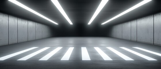 Poster - A modern, minimalistic interior space with bright overhead lights and a concrete floor.