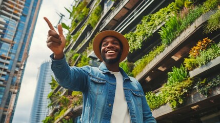 Aufkleber - A joyful real estate professional points enthusiastically while standing in front of a vibrant green wall of plants.