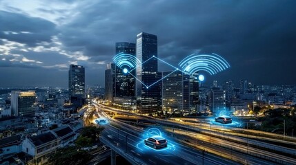 Poster - Futuristic cityscape with glowing network signals urban environment technology perspective smart transport concept