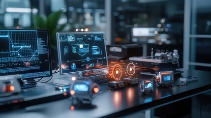 Aufkleber - Futuristic workspace with iot sensors and advanced tech modern office digital display high-tech environment innovative design