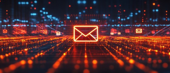 Poster - Digital representation of communication with a glowing envelope amidst a network of data.