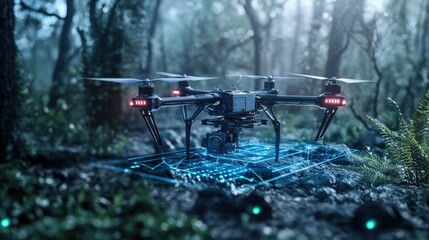 Poster - Drone testing event serene forest location digital technology showcase nature environment aerial viewpoint innovation concept