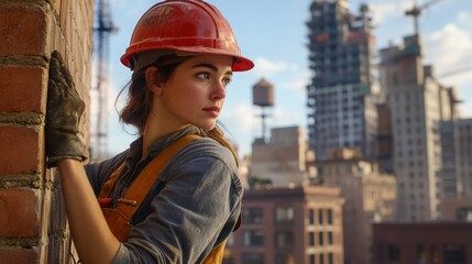 Poster - A woman in a hard hat and work attire is engaged in construction activity, looking thoughtfully towards the skyline of a bustling city.