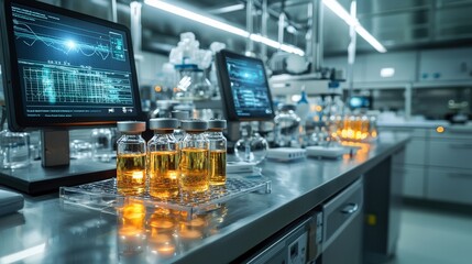 Poster - Innovative research lab exploration glowing vials and high-tech gear modern facility inside a cleanroom environment