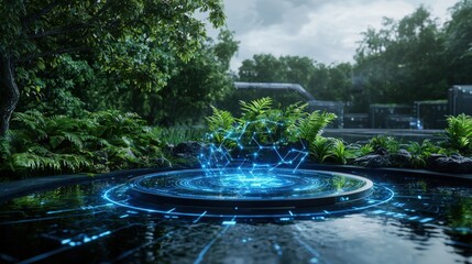 Poster - Ai data protection protocols merging nature's serenity with modern technology in a futuristic digital landscape