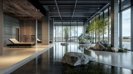 Poster - Serene digital therapy in a wellness center embrace modern architecture and tranquil views for inner peace