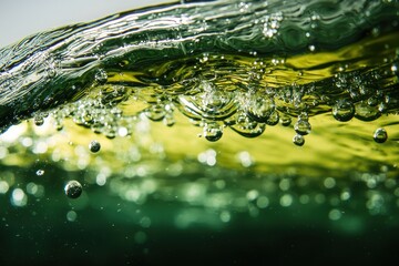 Poster - Close-up of an underwater scene showcasing bubbles and light reflections, creating an abstract, fluid aesthetic with greenish tones.
