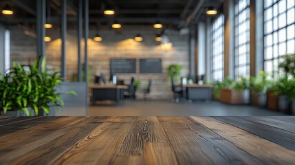 Wall Mural - A modern office space featuring wooden surfaces, plants, and large windows, creating a bright and inviting workspace.