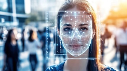 Poster - A woman with a digital facial overlay in a busy urban setting, illustrating technology use.