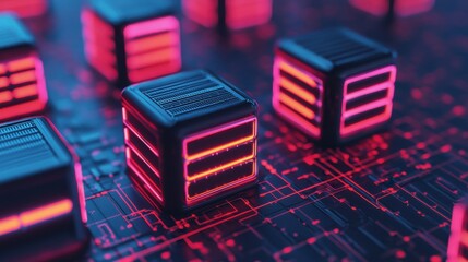 Poster - A close-up of futuristic data storage cubes on a circuit board, illuminated with vibrant pink and blue lights, showcasing advanced technology.