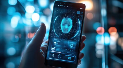 Poster - A close-up of a smartphone displaying an AI facial recognition app interface, with a hand holding the phone at the perfect angle for unlocking. Blurred tech-inspired background
