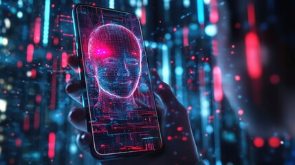 Poster - A detailed view of a phone showing a vibrant AI facial recognition interface, held upright by a user, with glowing data streams overlaying a dark, tech-themed background