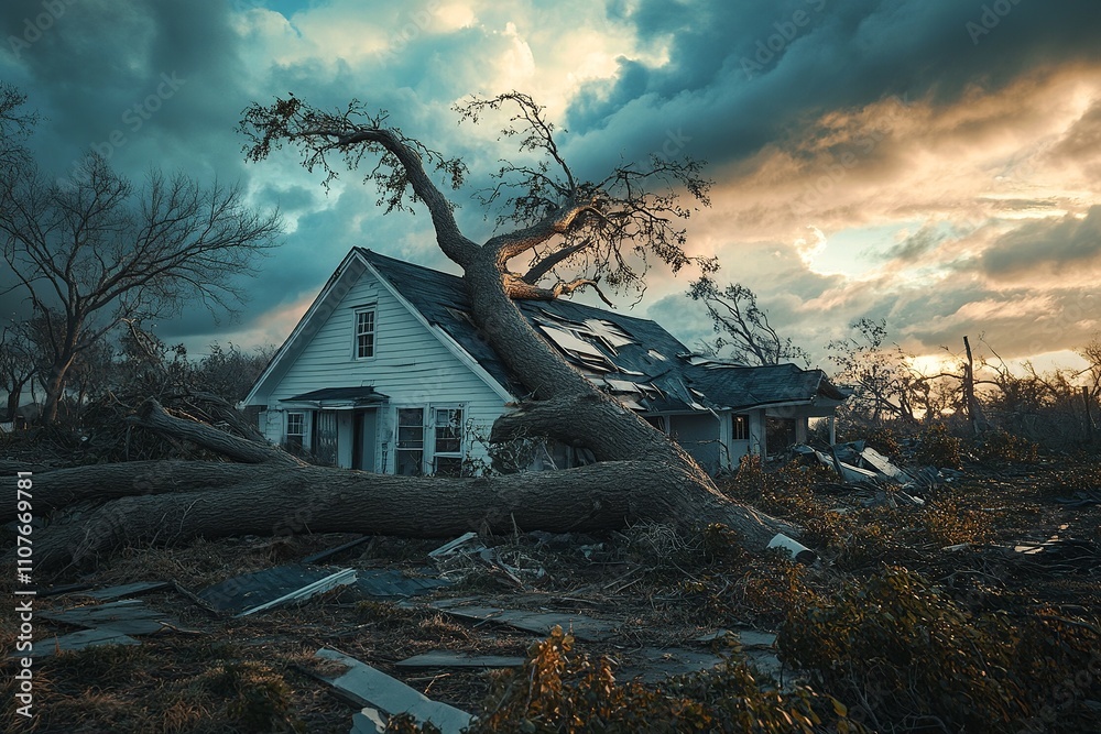 This dynamic image captures a fallen tree on a house roof, highlighting ...