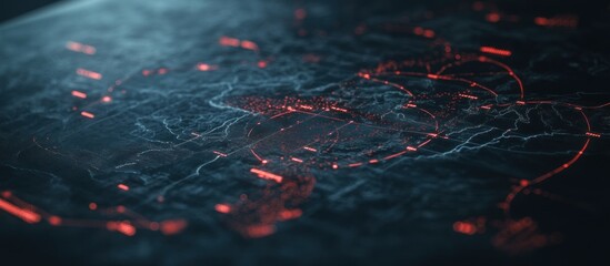 Poster - Abstract representation of a network or data visualization with red lines on a dark surface.