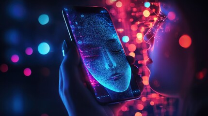 Poster - A detailed view of a phone showing a vibrant AI facial recognition interface, held upright by a user, with glowing data streams overlaying a dark, tech-themed background