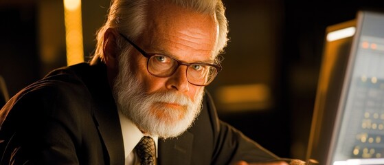 Poster - A focused older man with glasses, sitting at a desk with a computer, exuding wisdom and authority.