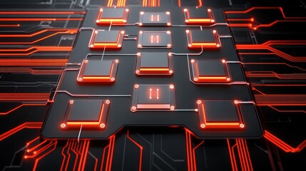Poster - A futuristic circuit board with illuminated connections and buttons.