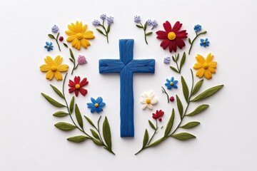 Poster - A 2D depiction of a Byzantine mosaic cross surrounded by floral designs, set against a clean white canvas