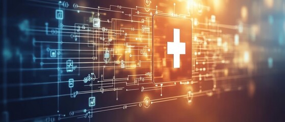 Poster - Digital illustration of a healthcare symbol with interconnected lines and glowing elements.