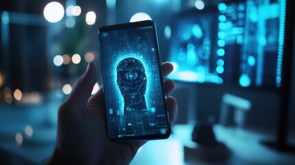 Poster - A futuristic close-up of a smartphone face unlock screen in progress, held by a user in a well-lit room, with a subtle blur of high-tech devices in the background