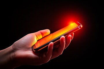 Poster - A close-up image of a hand holding a cellphone with a glowing notification on the screen, set against a dark background