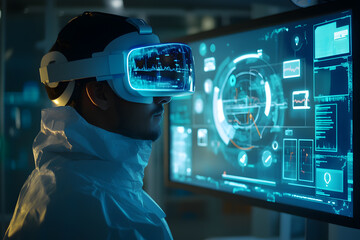 Poster - Virtual reality exploration scientist engaging with technology in a high-tech laboratory environment